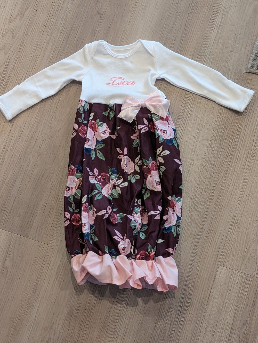 Embroidered Name Floral Baby Gown in White & Plum with Pink Bow